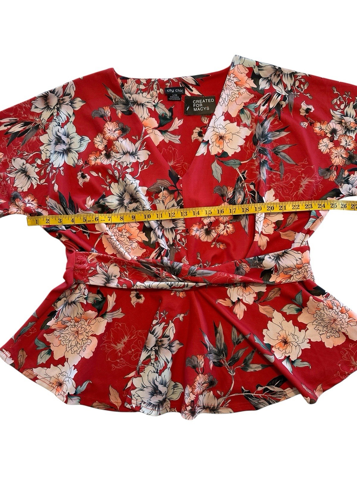 City Chic Floral Blouse Womens 20 Red W/ Flowers Flutter Sleeves V-Neck NWT