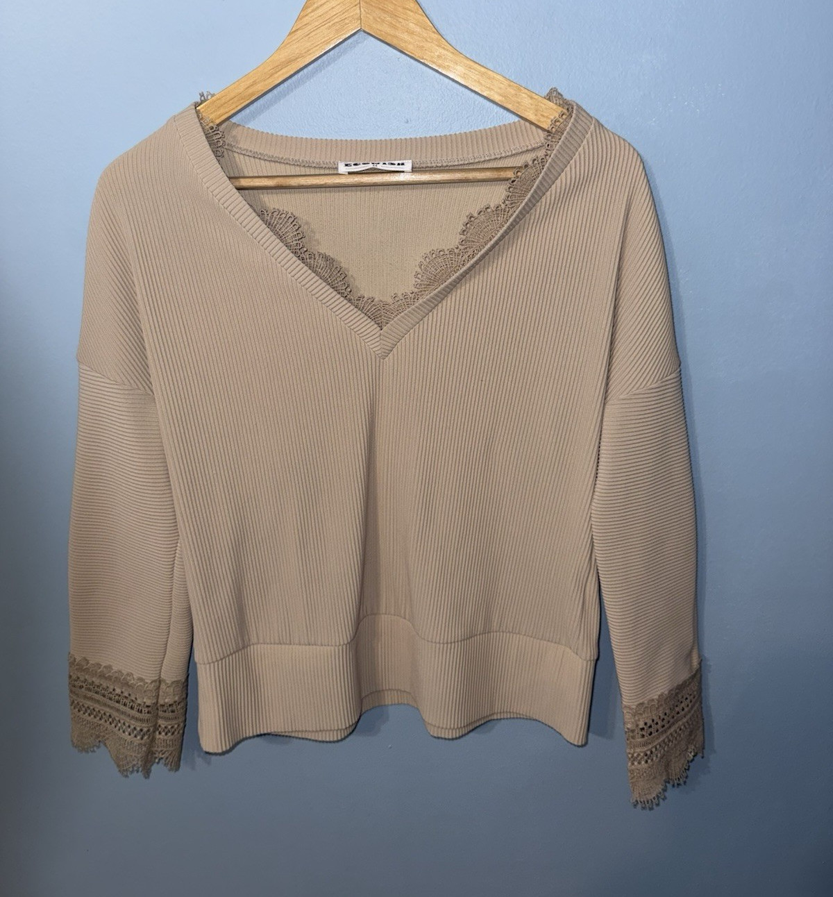 EGOWISH Women’s Beige Ribbed Knit Lace Trim V-Neck Pullover Top 3/4 Sleeve M