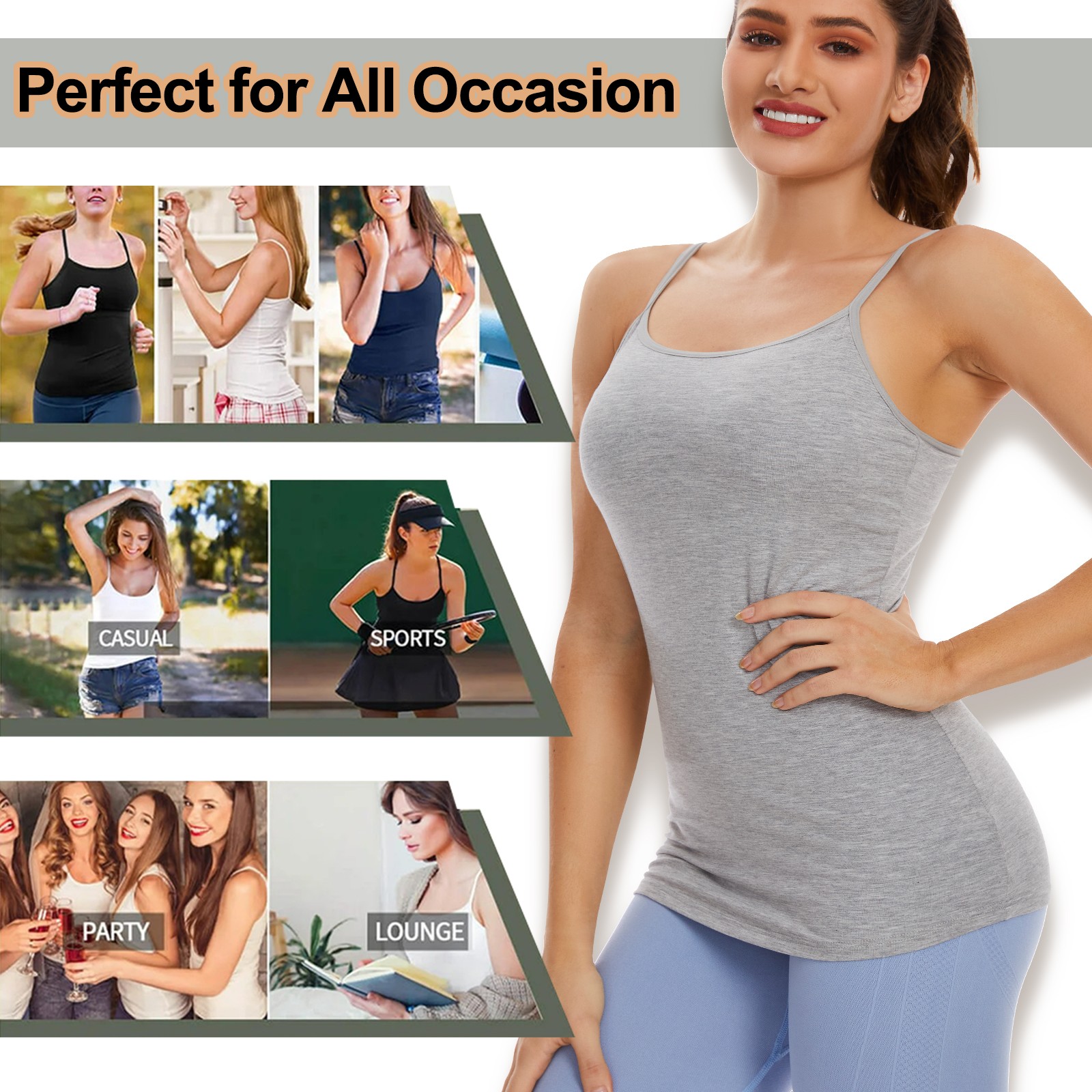 Women’s Camisole Tank Tops Basic Cami Plain with Built-in Bra Summer Tops S-3XL