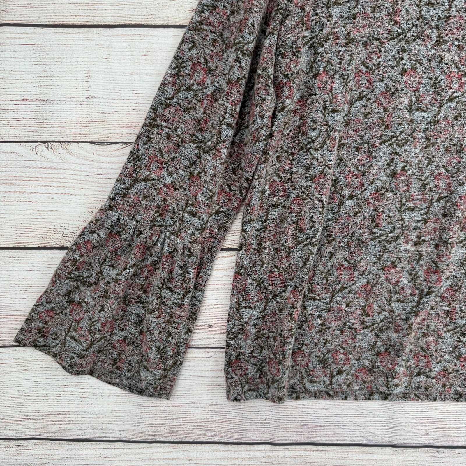 Lucky Brand Floral Knit Long Sleeve Blouse Womens XL Gray Green Pink