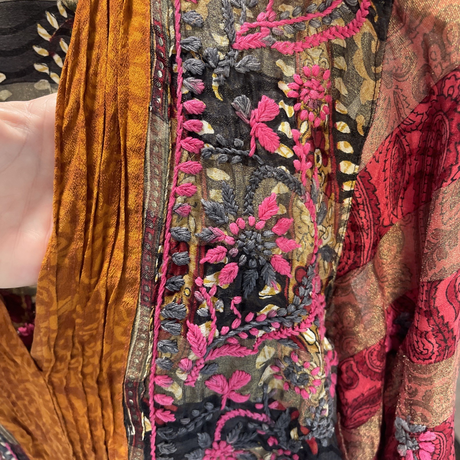 Embroidered Tunic Boho Artsy Sheer Shimmer Blouse Top Fall Global Travel Floral