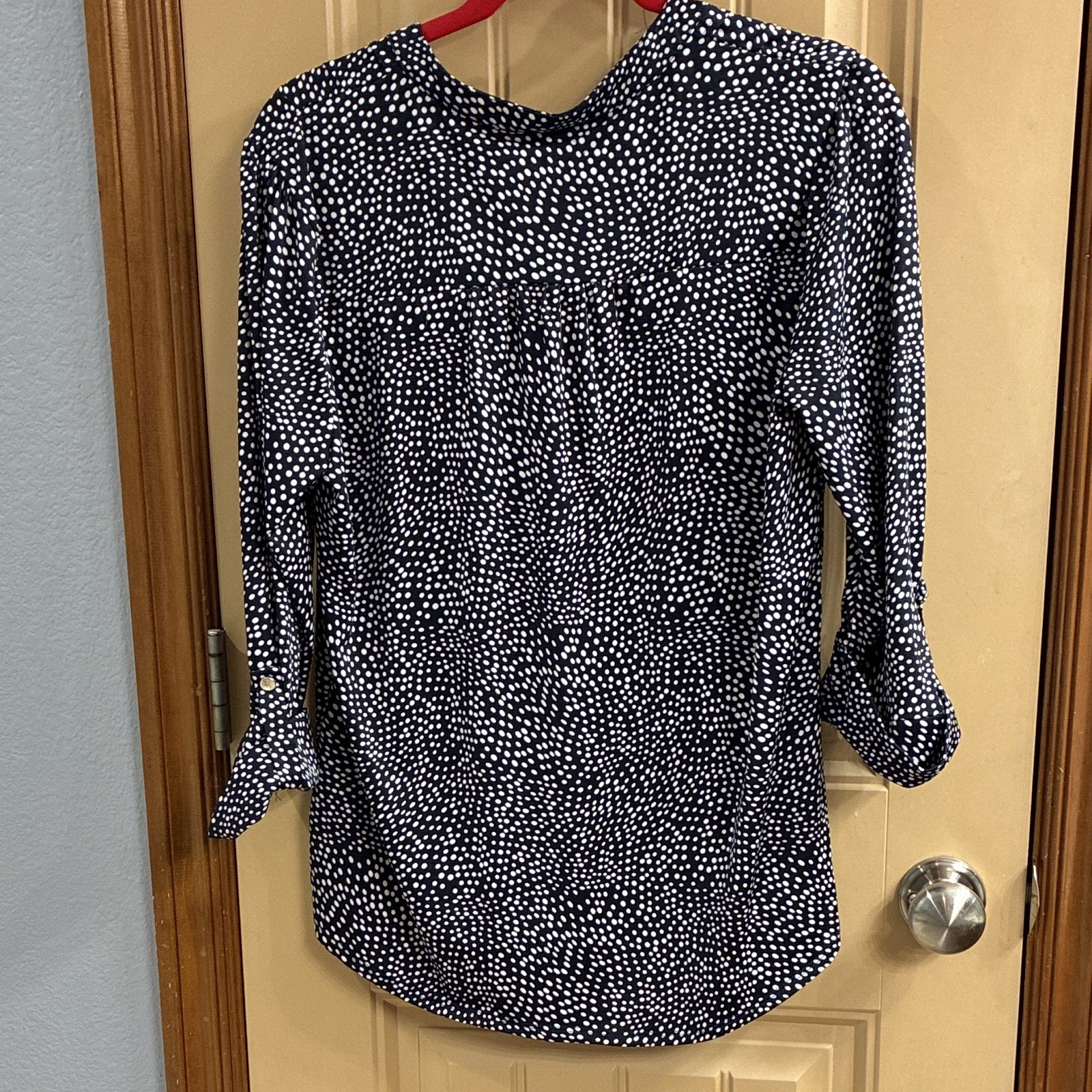 Cocomo Women’s Blue White Polka Dot V-Neck Button Front Long Sleeve Blouse L