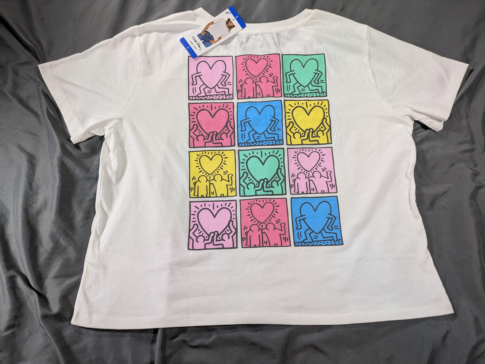 Keith Haring Shirt Womens Large White Running Heart Grid Graphic Art Tee