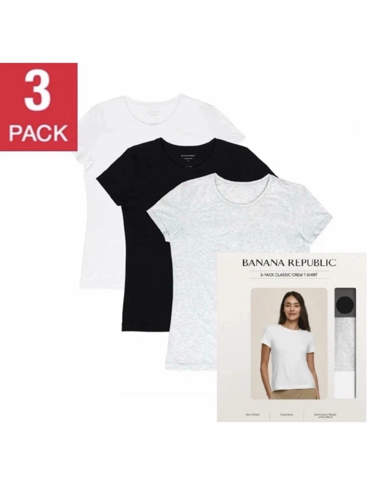 New Banana Republic Women’s Short Sleeve Crew Neck Tee 3-Pack,Blk/Wht/Gray Sizes