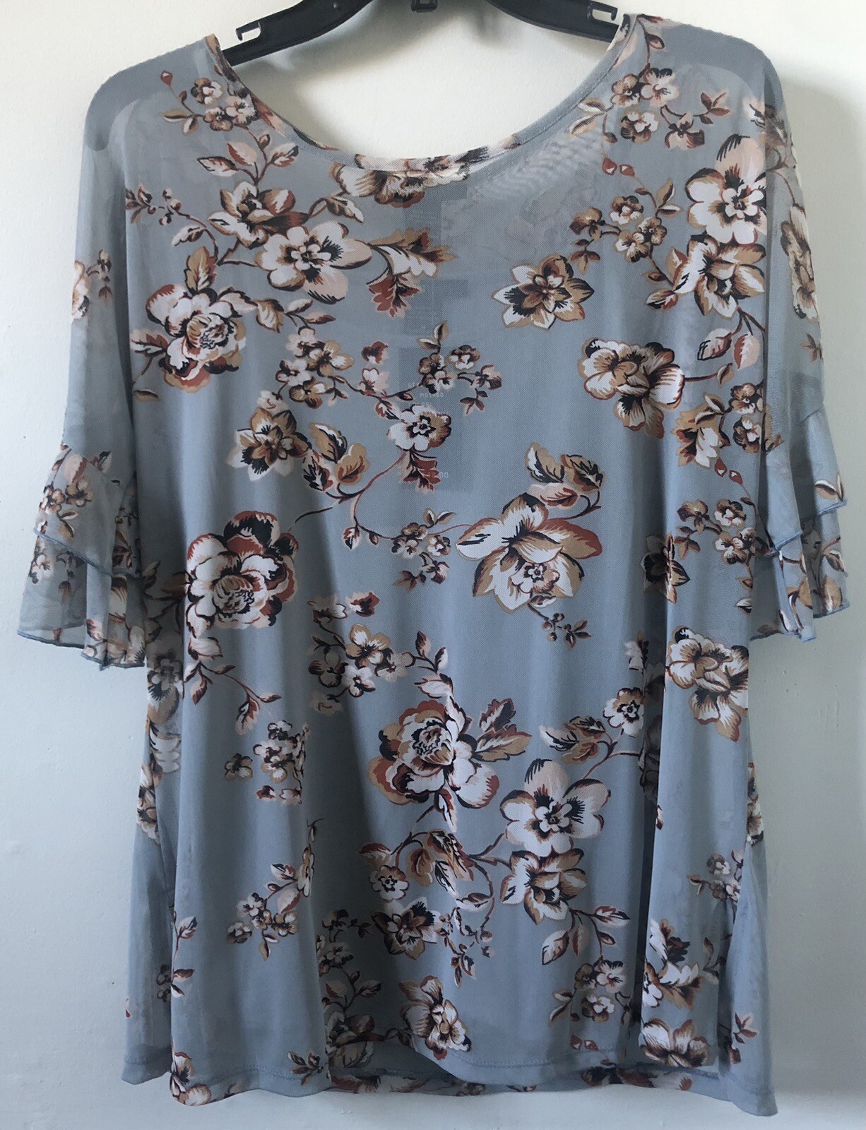 Robert Louis NWT Med Women Floral 3/4 Sleeve Gray Blu Sheer Blouse Top White Tan