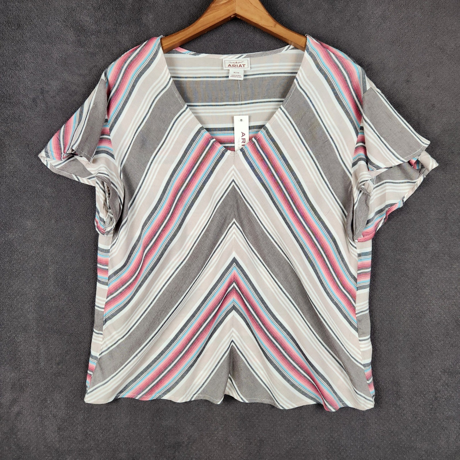 Ariat Blouse Womens Medium Pink Blue Gray Stripe V Neck Flutter Sleeve Top NEW