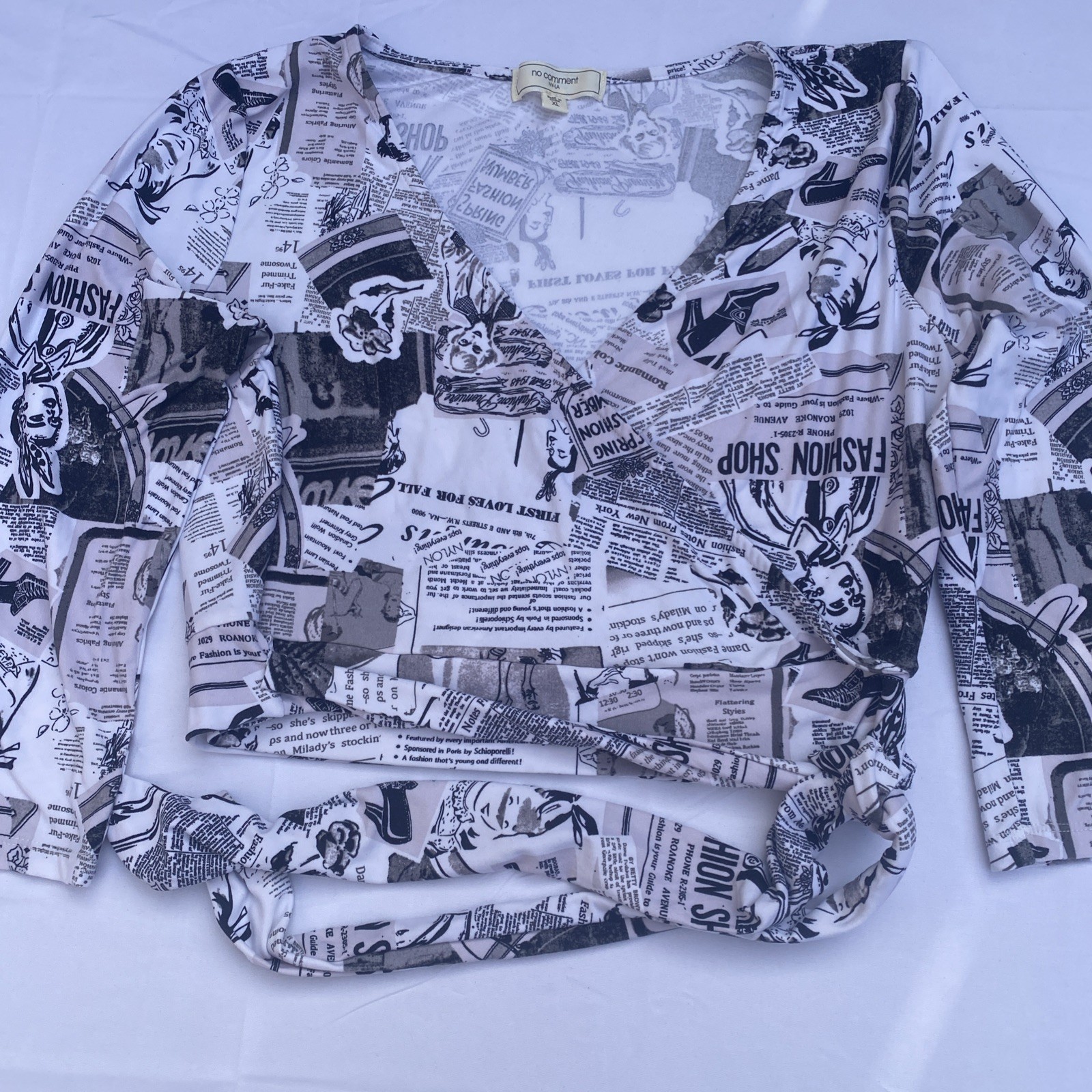 No Comment NY LA Wrap Blouse Sexy Newspaper Print Knit Tie Top Shirt XL