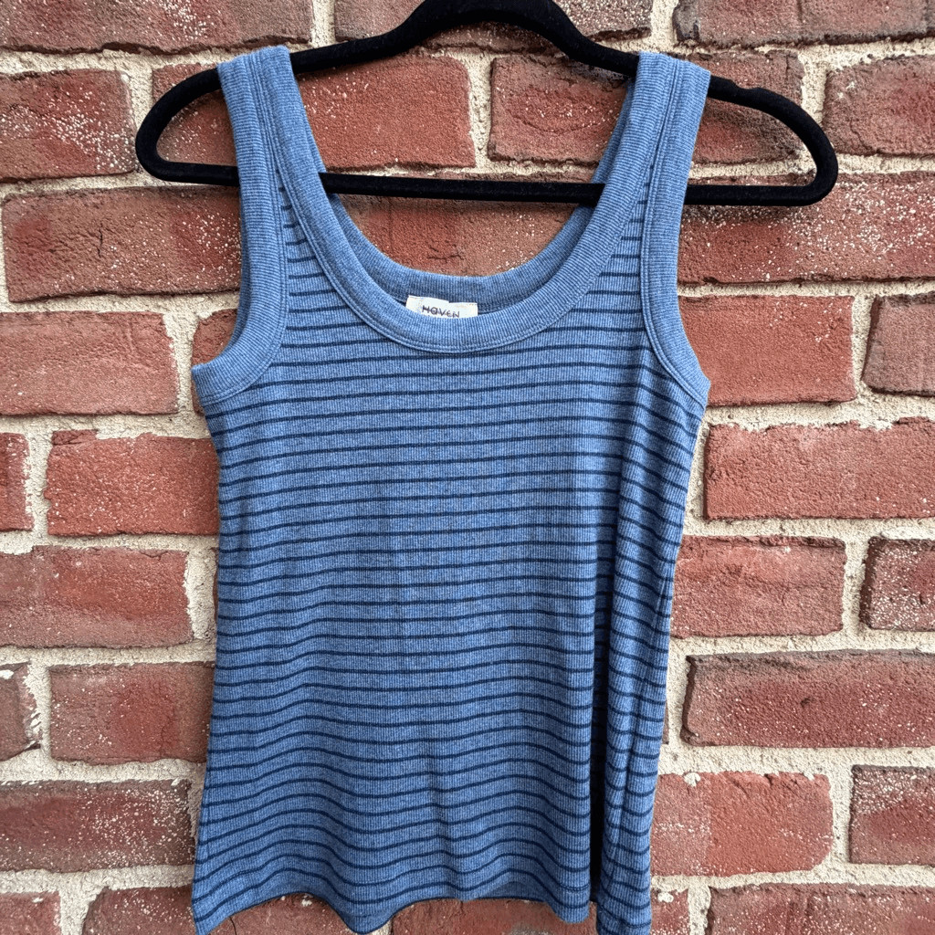 Haven Well Within $58 Women’s Scoop Neck Ribbed Striped Tank Top Blue L NEW