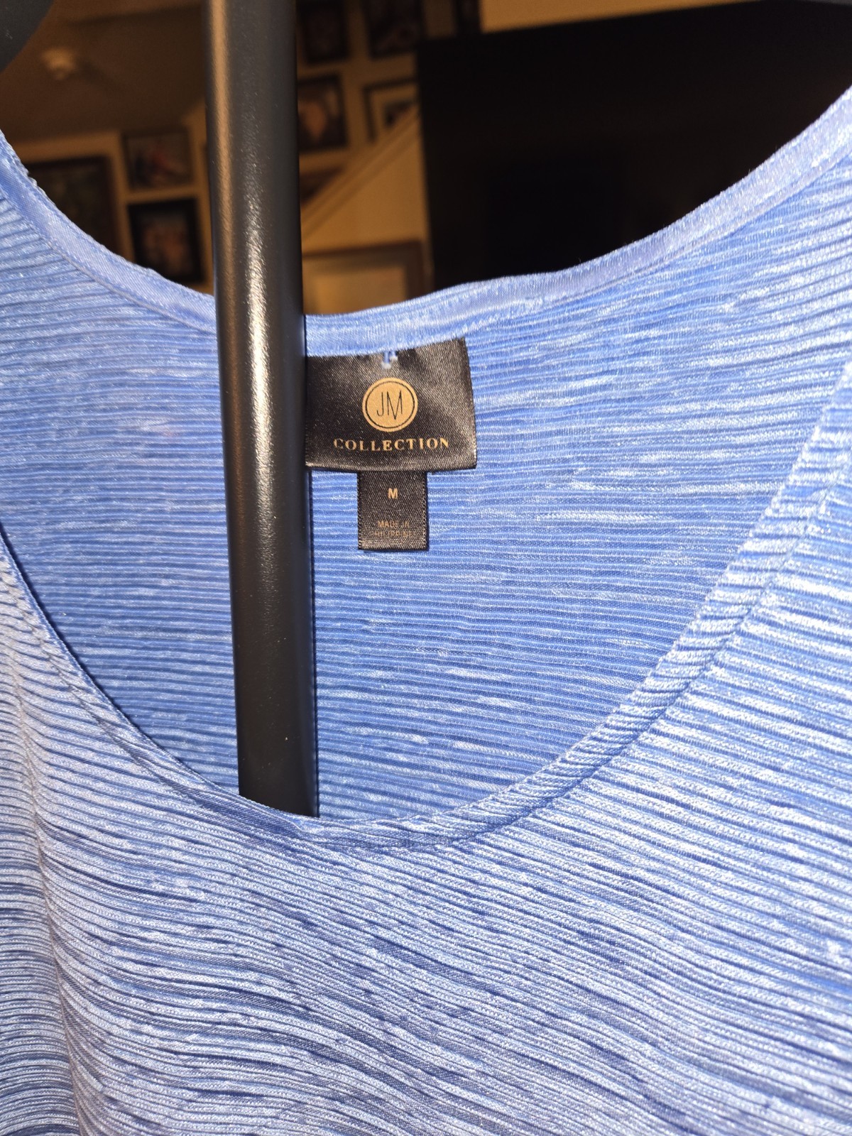 JM Collection M Blue Solid Polyester Knit Pleated Scoop Neck 3/4 Sleeve Tunic