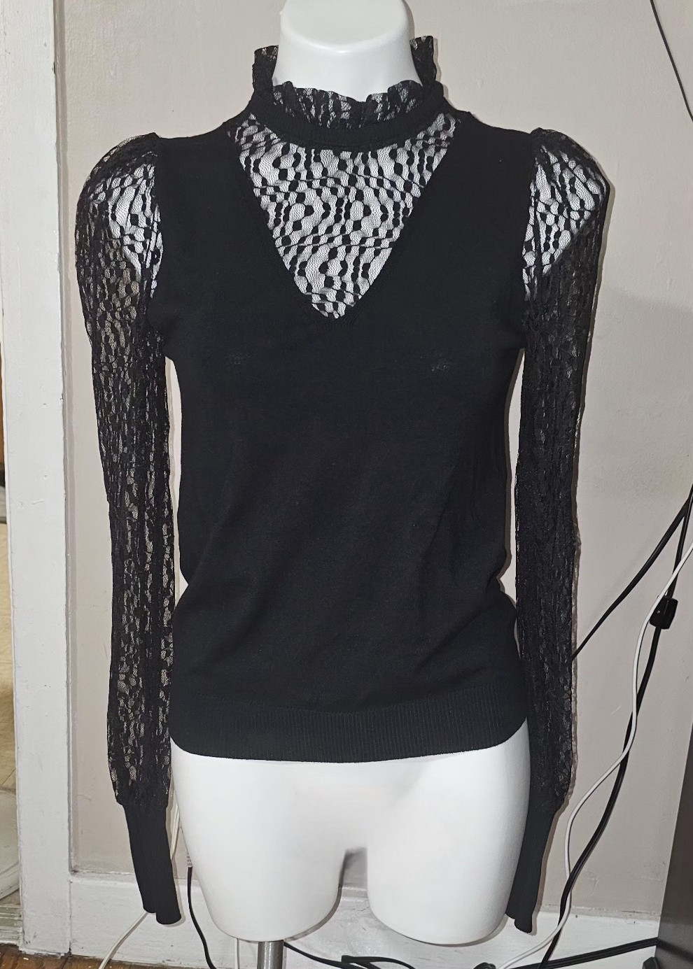 Catherine Malandrino Women’s M/M Black Sheer Lace Mock Neck Zip Back Blouse