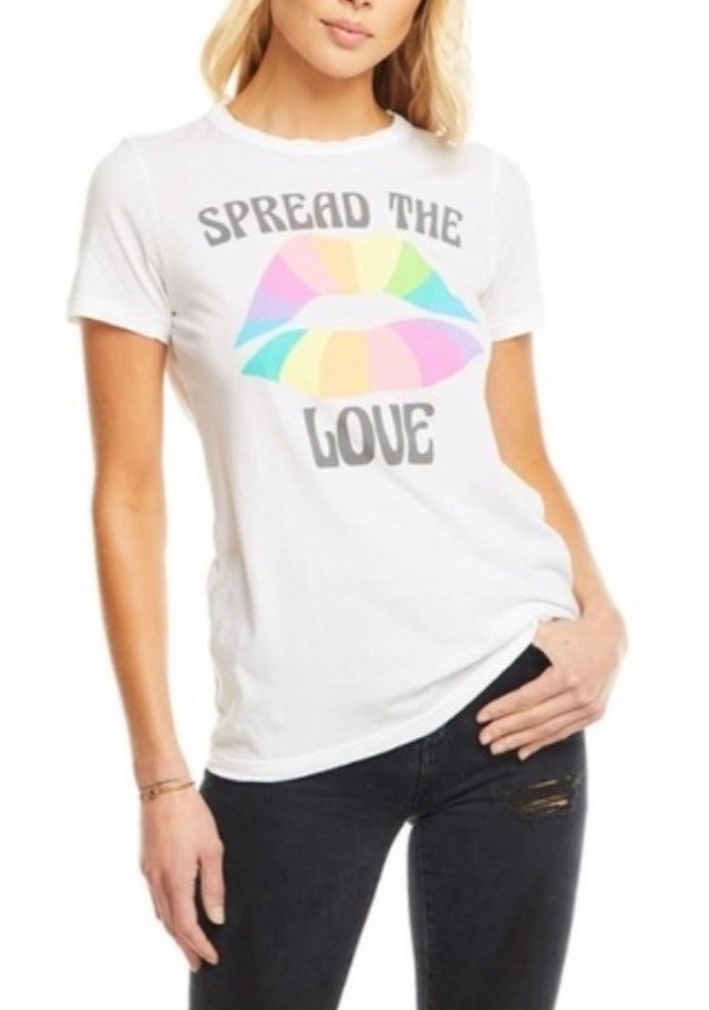 CHASER Spread The Love Tee Sz L White Rainbow Lips Graphic Print Cotton Top Y2K