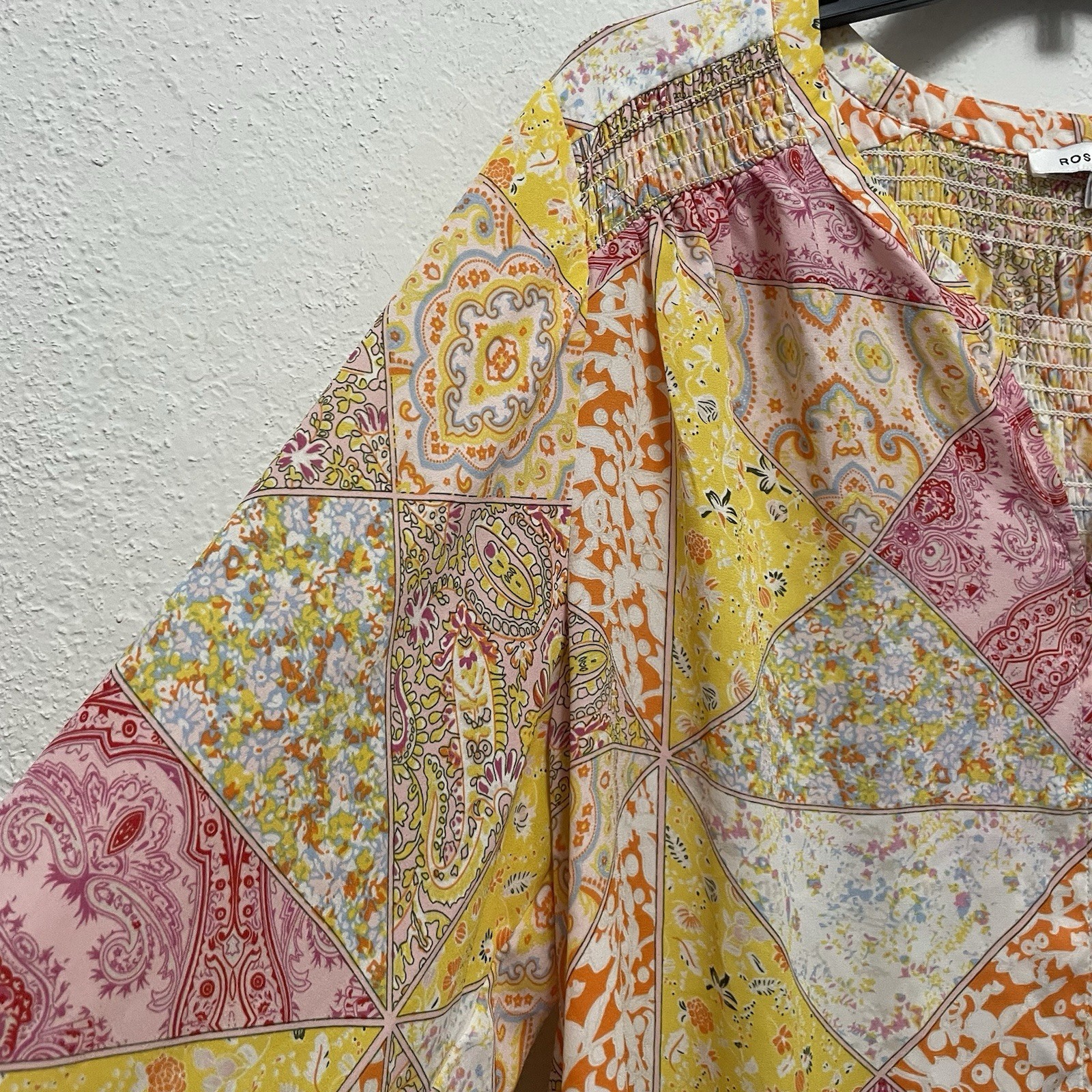 Rose + Olive Patchwork Paisley Button Up Blouse Boho Pink Yellow Size 1X
