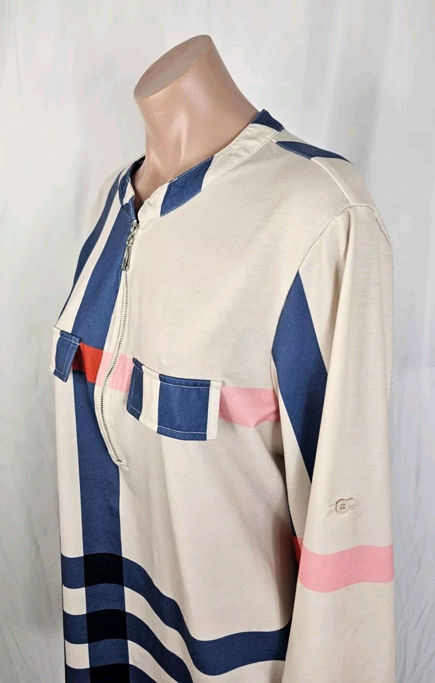 Moyabo Women’s Beige Blue Pink Red Striped 3/4 Zip Long Sleeve Shirt Size XL