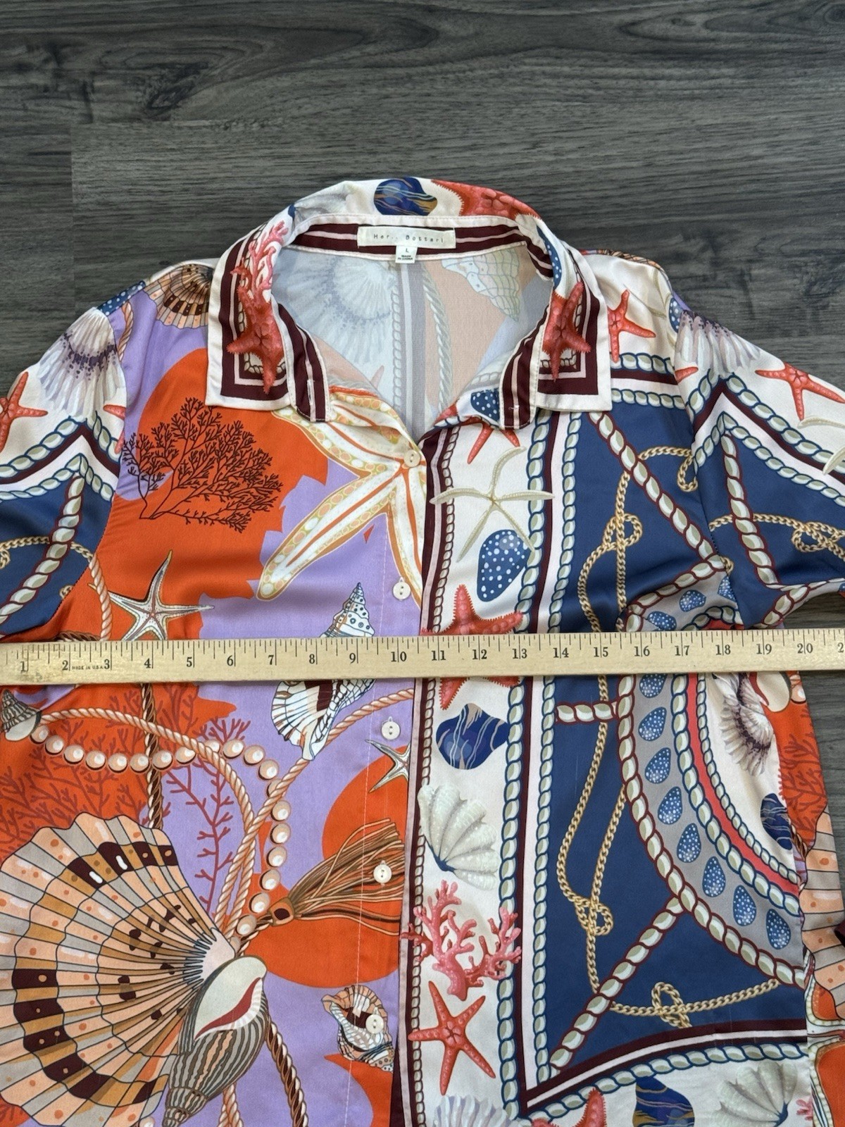 Coastal Chic Button Down Top L Marine Print Beach Vacation Nautical Resort Wear