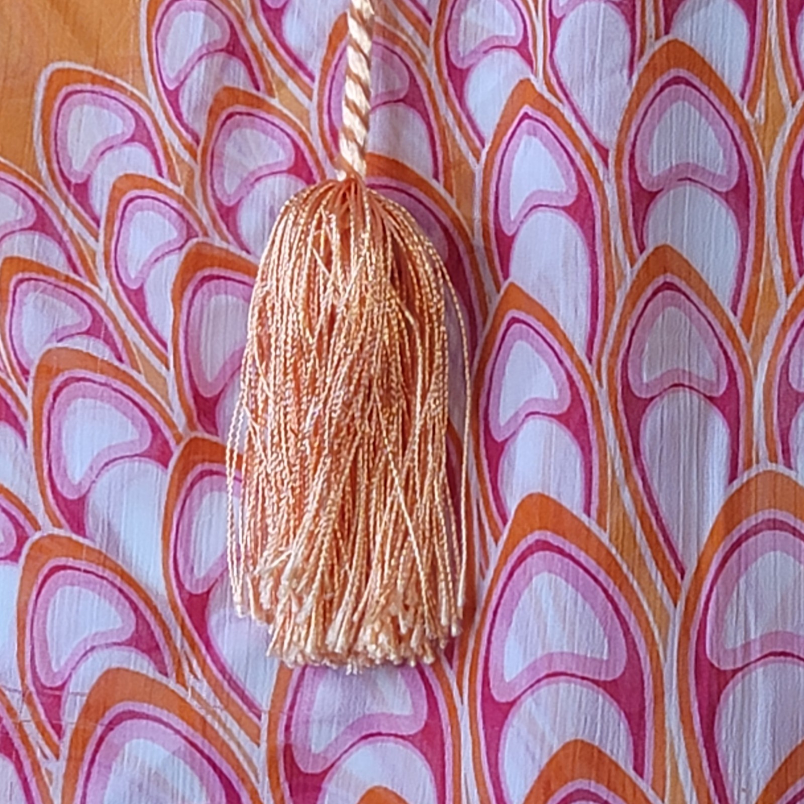 Rose & Olive Orange Pink Feather Print Sheer Blouse Medium Boho Tassel Neck