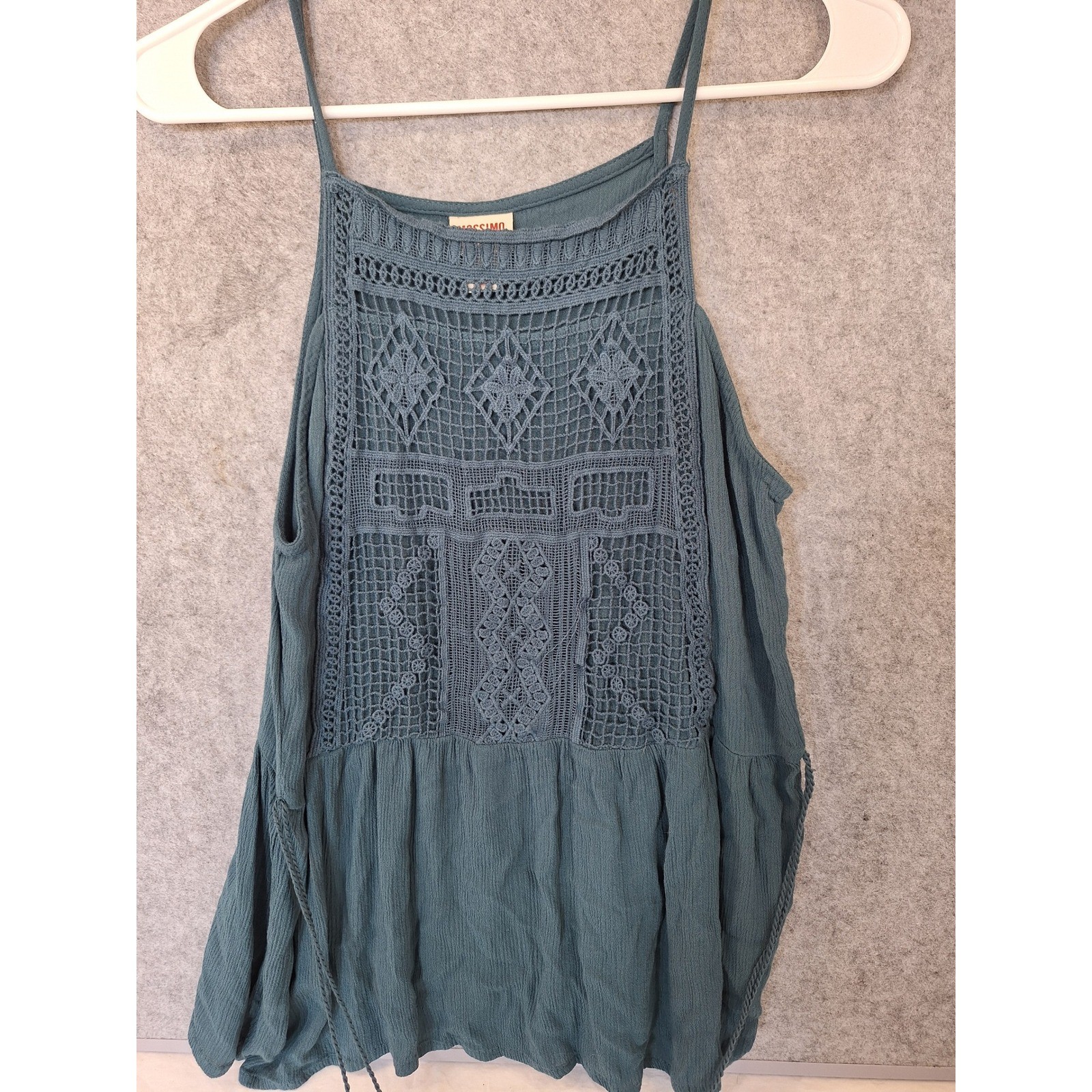 Mossimo Supply Co Teal Blue Crochet Lace Bib Tank Top Boho Tassel Tie Small