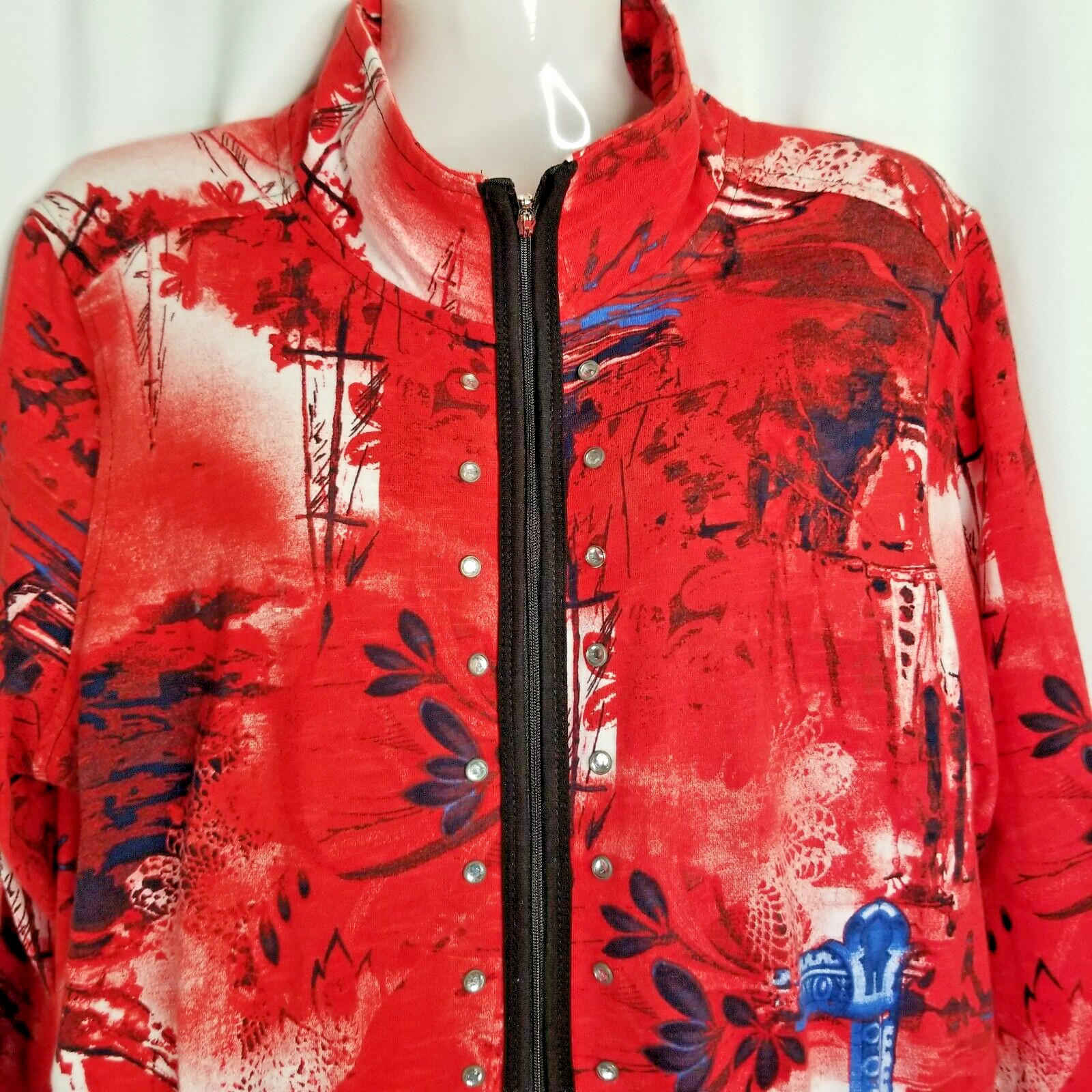 Onque Casuals Women’s Jacket Red Studded Full Zipper Pocket Asian Flair Large