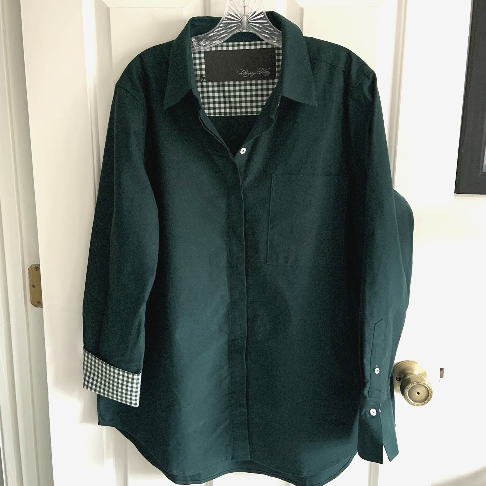 Claridge & King Women’s XL Dark Green Button up Shirt with Gingham flip cuffs