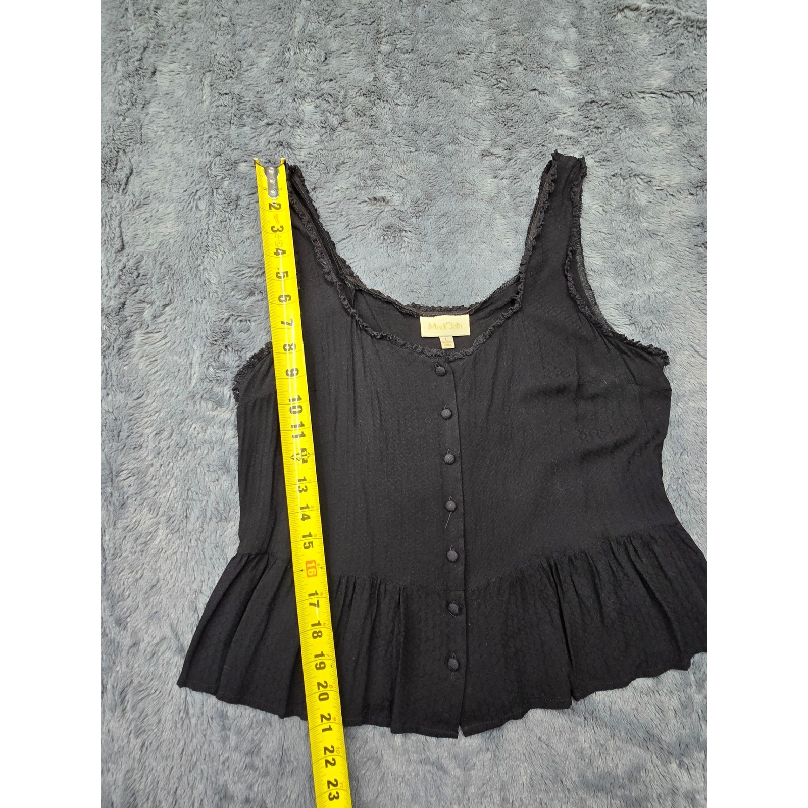 ModCloth Black Peplum Button Front Tank Top Crochet Trim Rayon Large