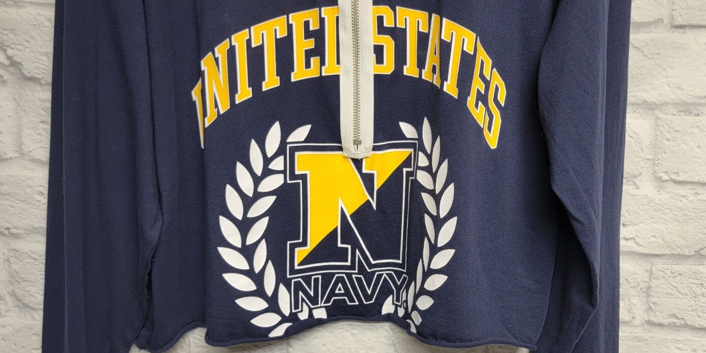 VICTORIA’S SECRET PINK 5TH & OCEAN L UNITED STATES NAVY BLUE ZIP CROPPED TOP TEE