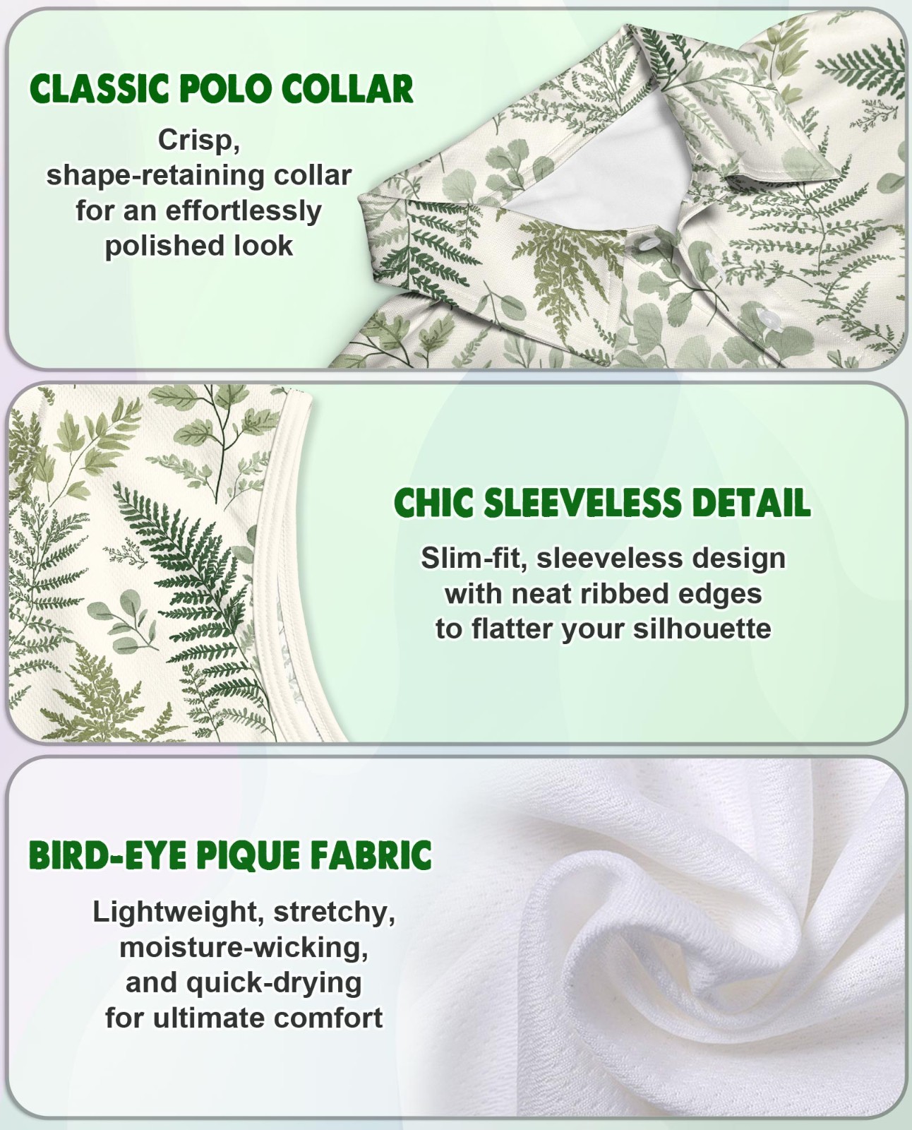 Botanical Fern Women’s Sleeveless Performance Polo Shirt Floral Golf Tennis