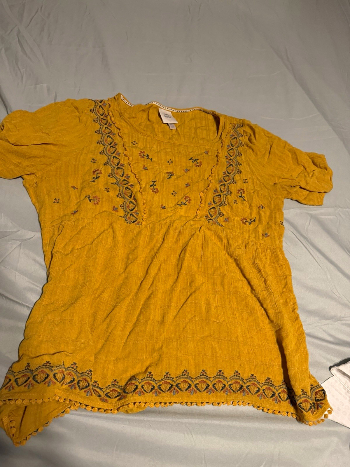 Knox Rose Women’s Yellow Floral Embroidered Peasant Scoop Neck Blouse XL