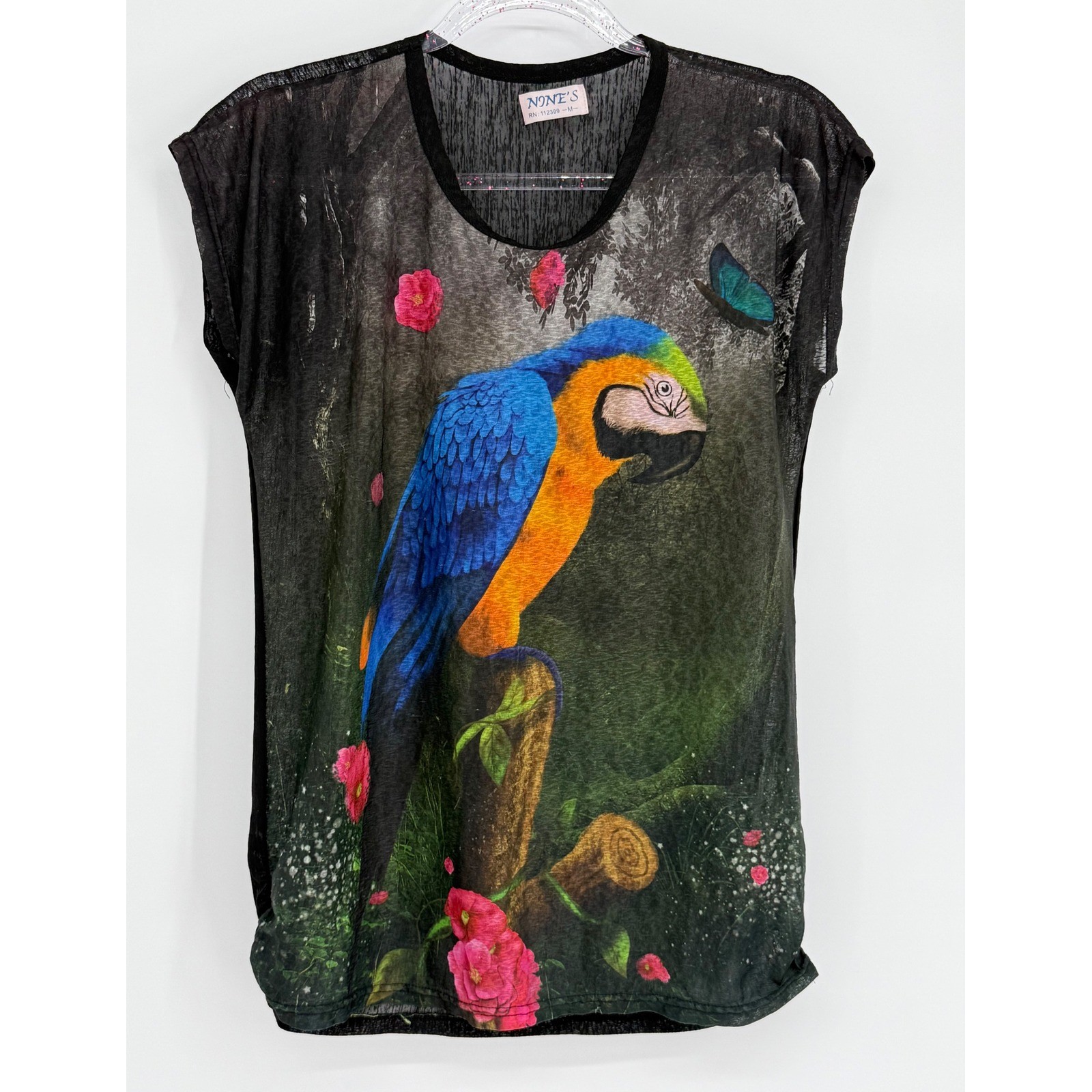 Nine’s Women Black Burnout Tropical Parrot Floral Graphic Cap Sleeve Top Sz M