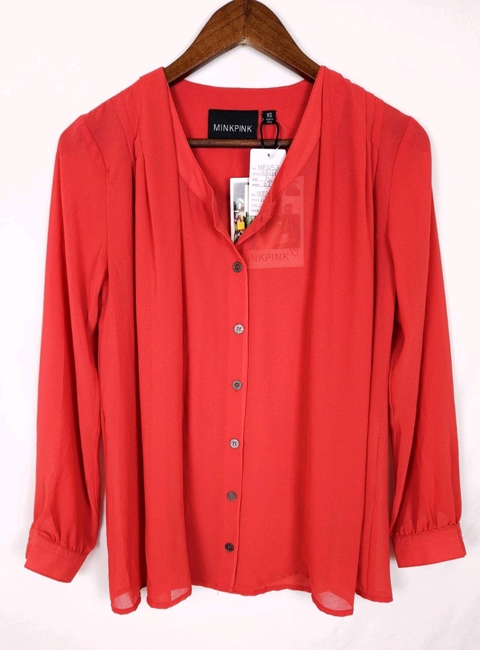 Minkpink Size XS Strawberry Coral Semisheer Long Sleeve Button-Up Top NWT