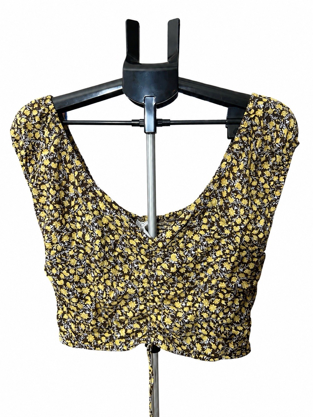 Japna Women’s L Brown Yellow Floral Smocked Back Ruched Crop Top Puff Sleeve