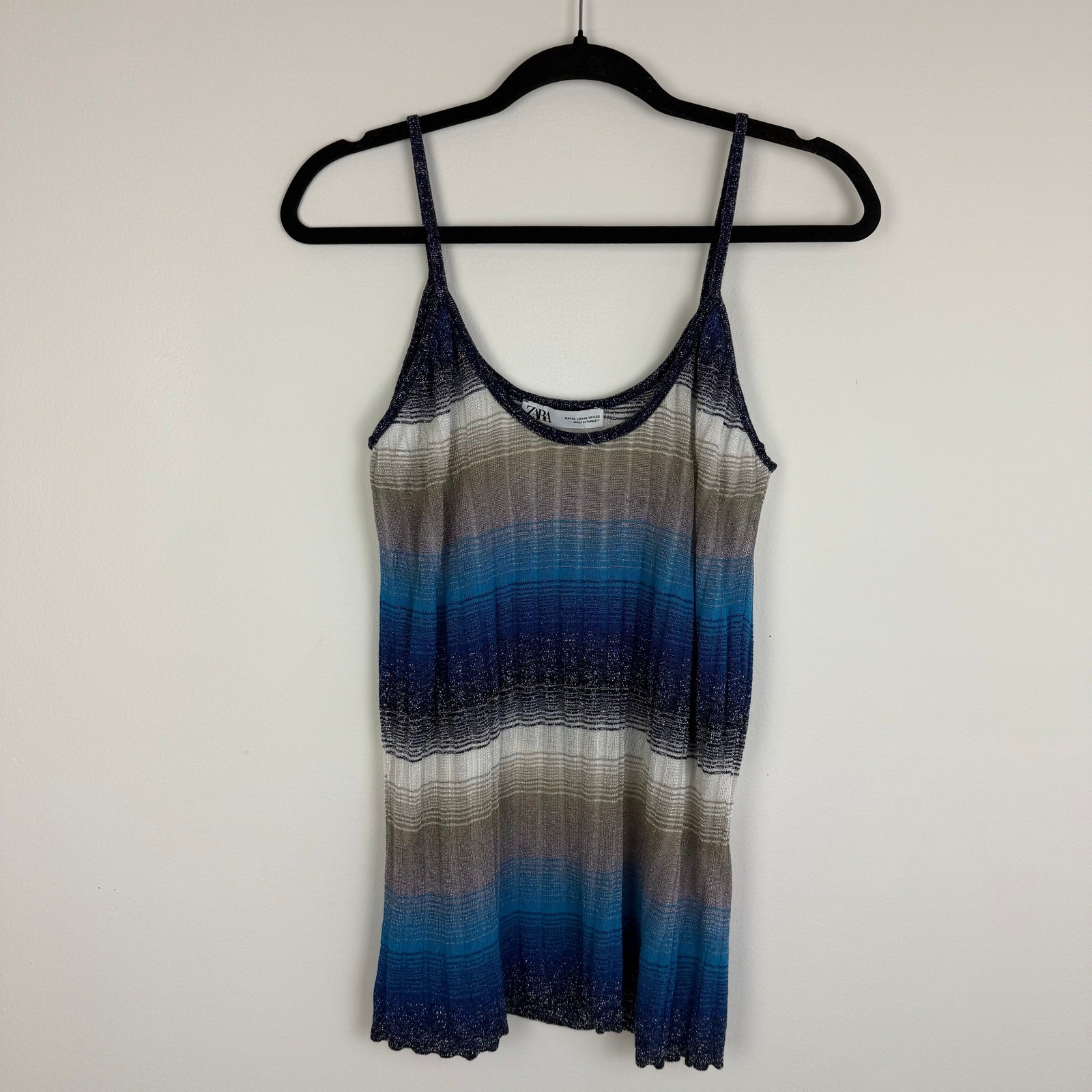 NWOT Zara Womens Metallic Thread Knit Striped Special Edition Blue/Cream Tank XL