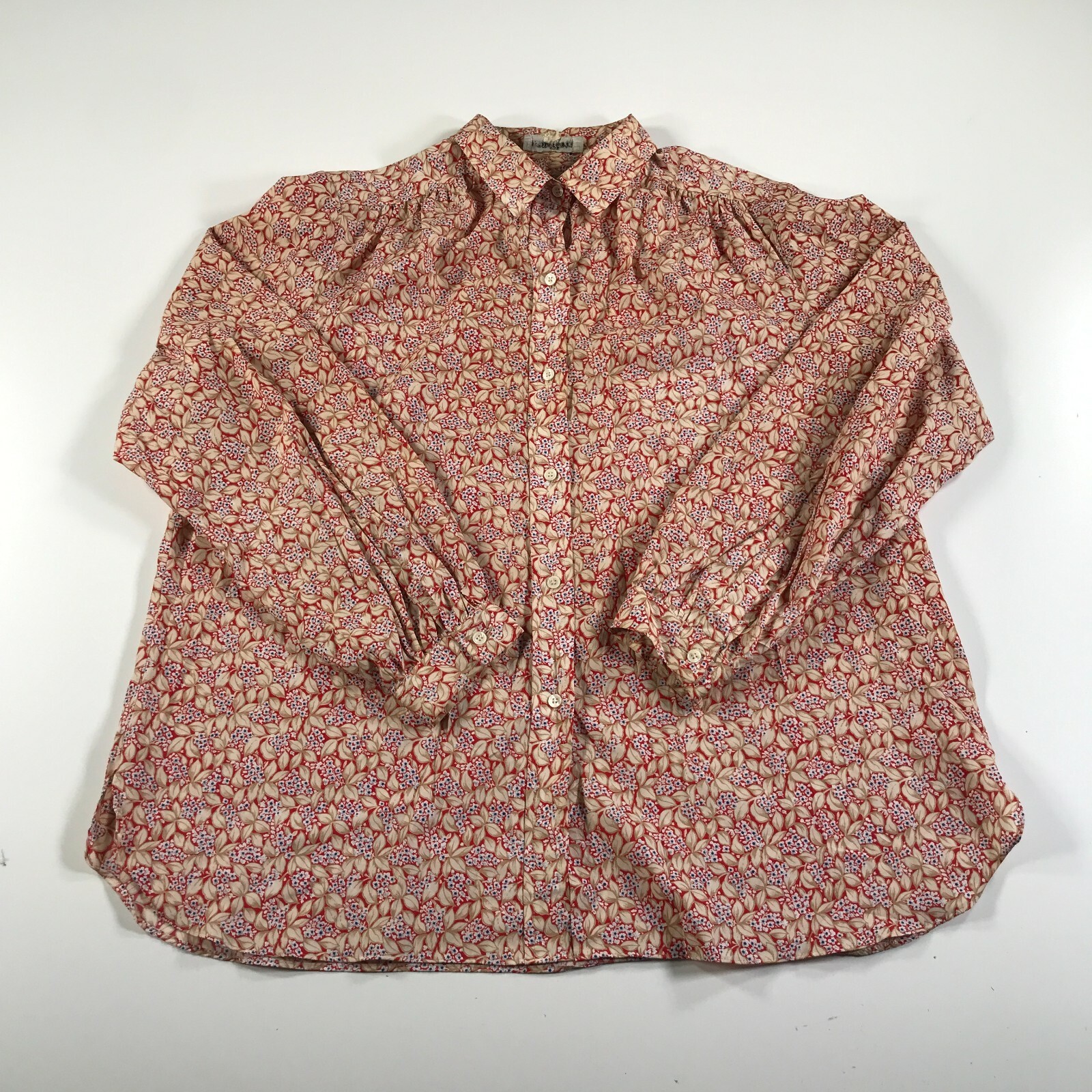 Vintage Evan Picone Shirt Womens 16 Red Beige Leaves Flowers Floral Neck Tie