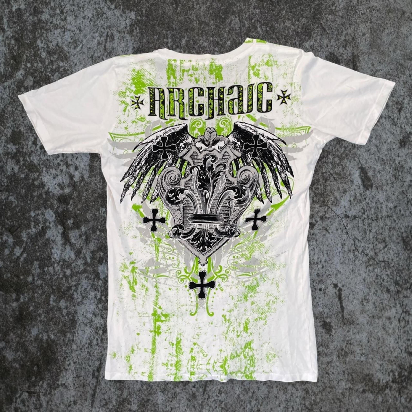 Archaic by Affliction Rhinestone Graphic Cross & Wings T-Shirt Women’s Large Y2K