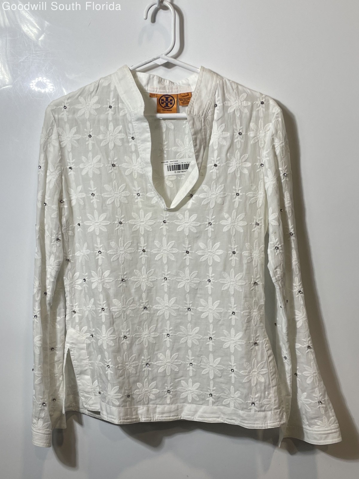 Tory Burch Womens White Long Sleeve Split V-Neck Pullover Tunic Blouse Top Sz 6