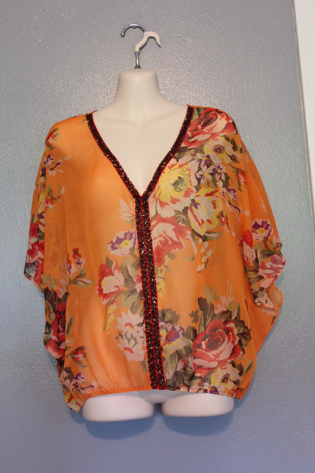 Free People Orange Floral Sheer Genius Top Small Elastic Waist Beaded