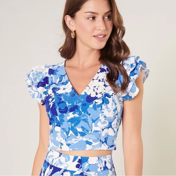 NWT Gypsum Berry blue Floral Ruffle Shoulder Crop Top women’s large (bin M)