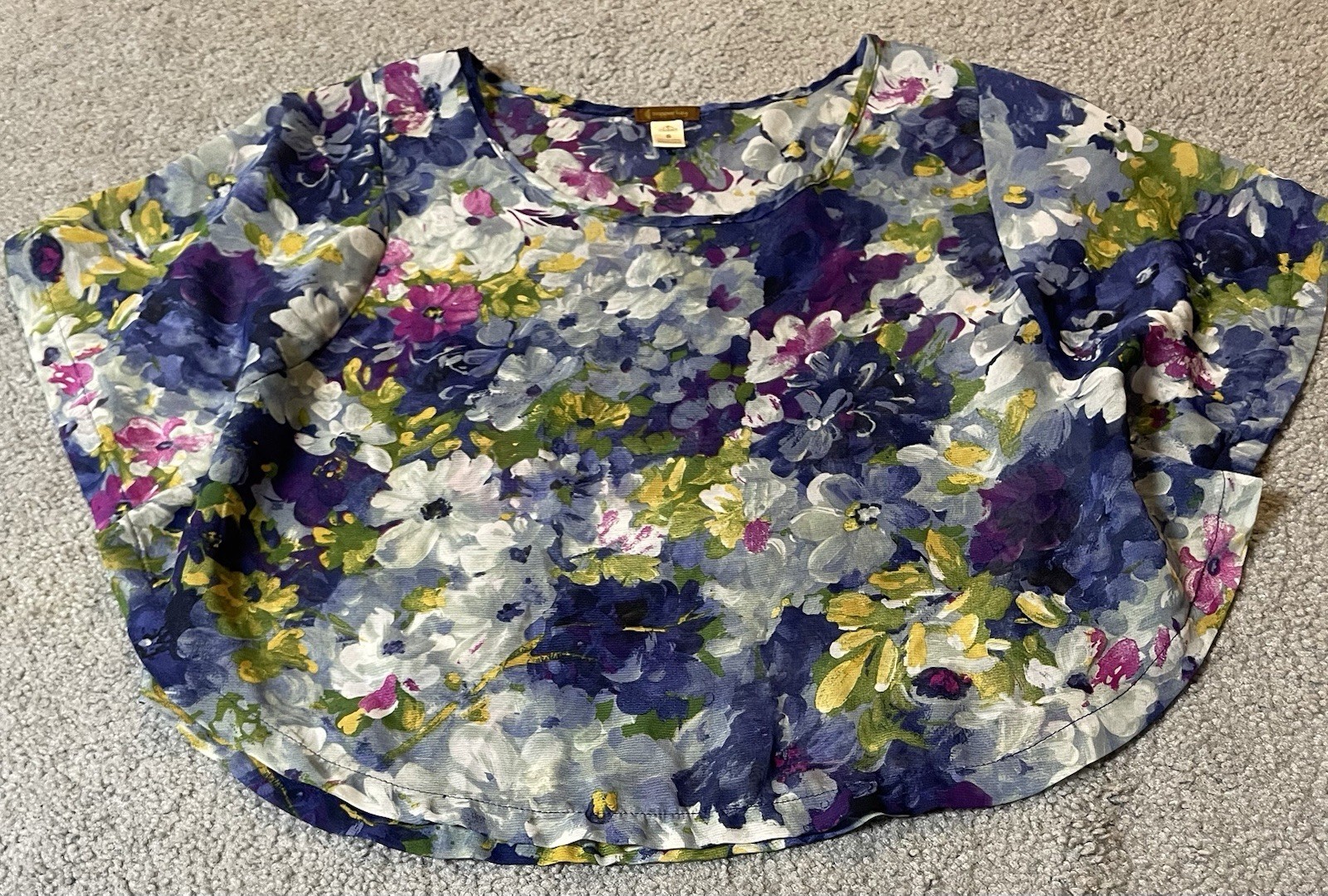 Copper Key Floral Blouse Sz S Blue Pink Butterfly Sleeve USA Made Boho Beach