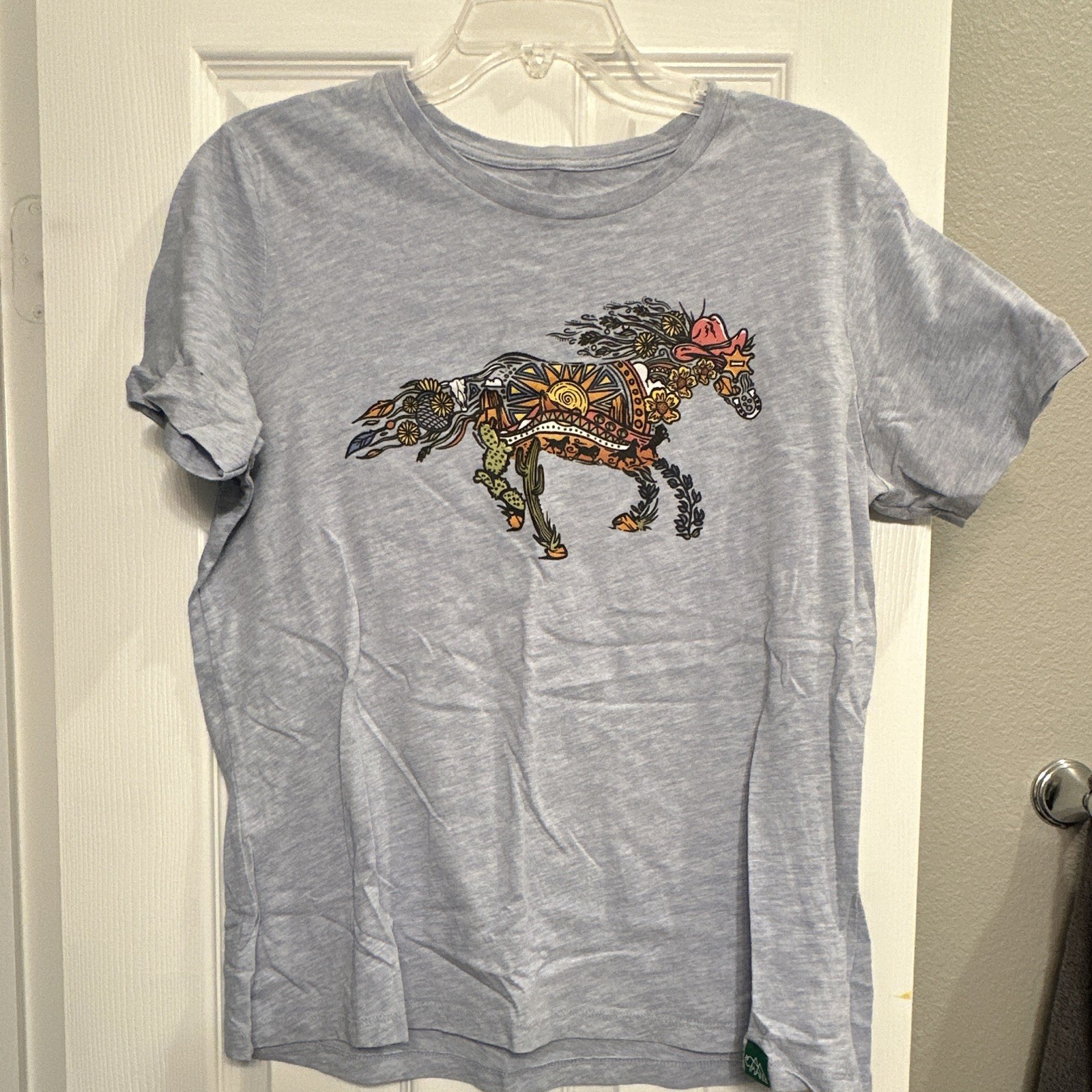 Wild Tribute Western Horse Graphic women size L Blue Crew Neck Short Sleeve Tee