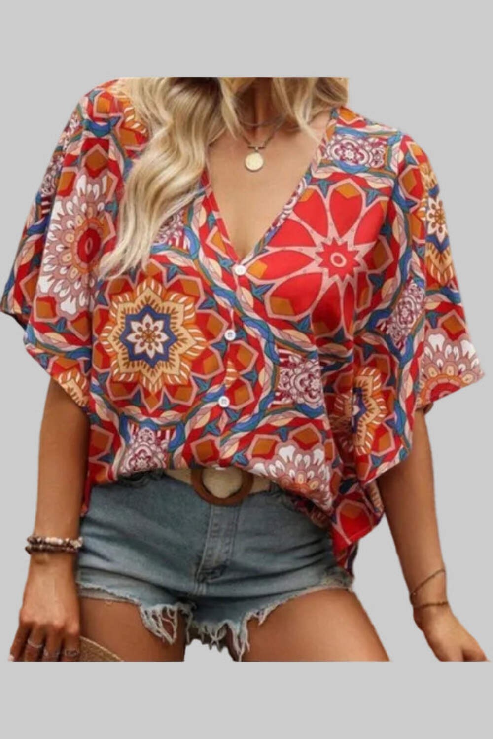 Boho Red Floral V Neck Short Sleeve Batwing Blouse