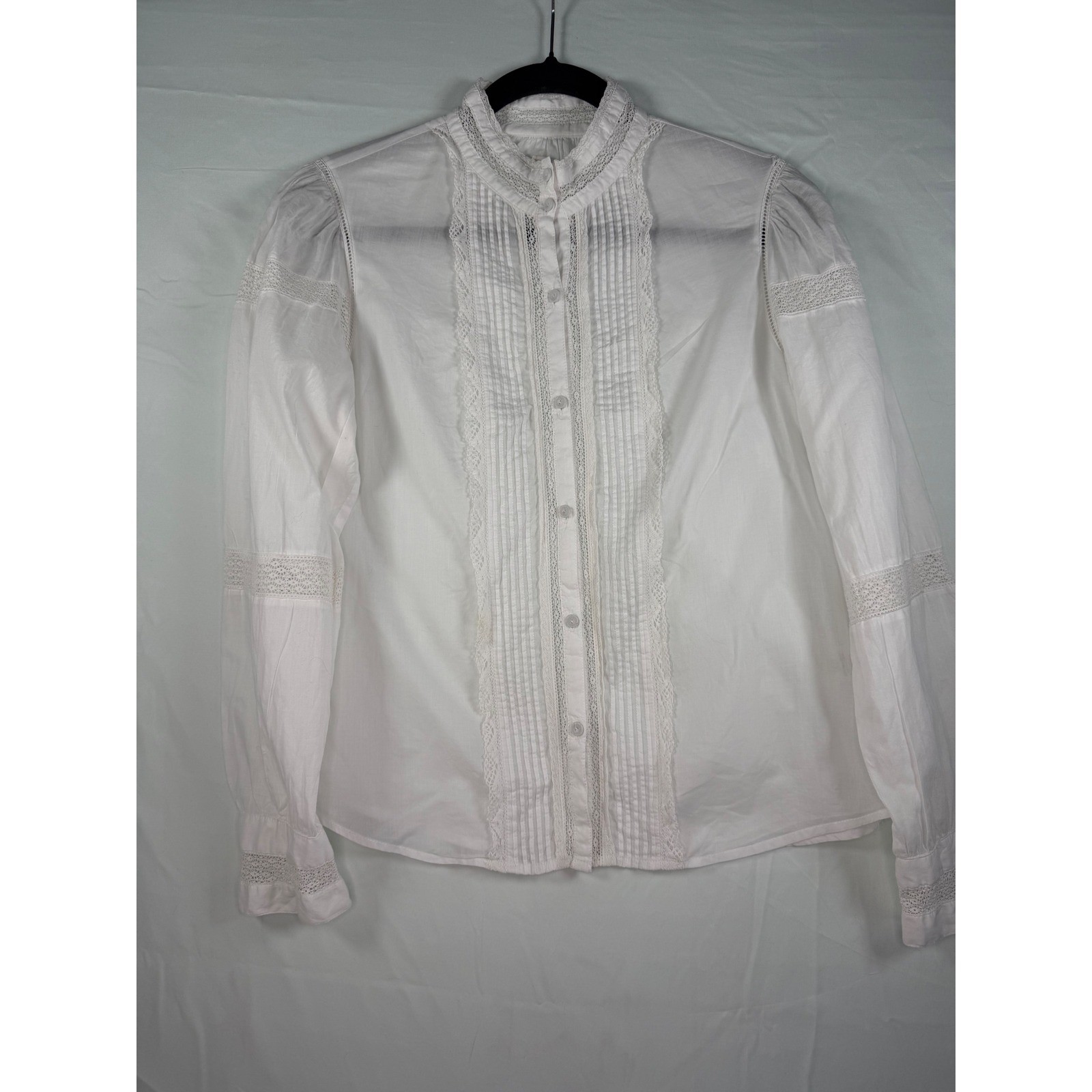 La Vie R Taylor White Lace Pintuck Button Down Blouse Victorian Mandarin Collar