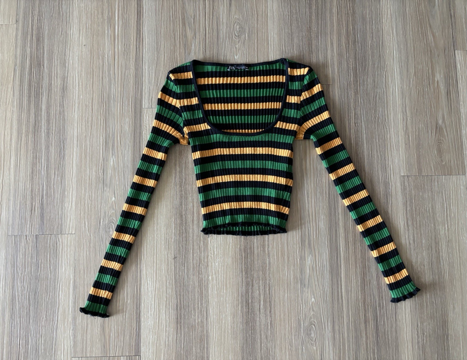ZARA Crop Top Green Orange Stripe Ribbed Knit Womens S Cotton Preppy Twee 90s