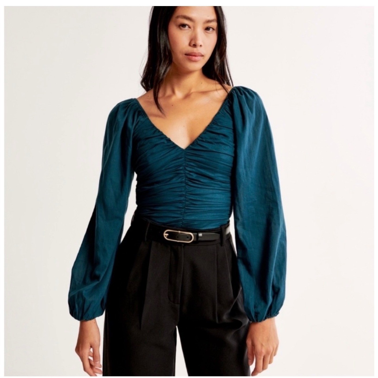 ABERCROMBIE & FITCH Ruched V-Neck Puff Sleeve Smocked Cotton Top Medium Teal NEW