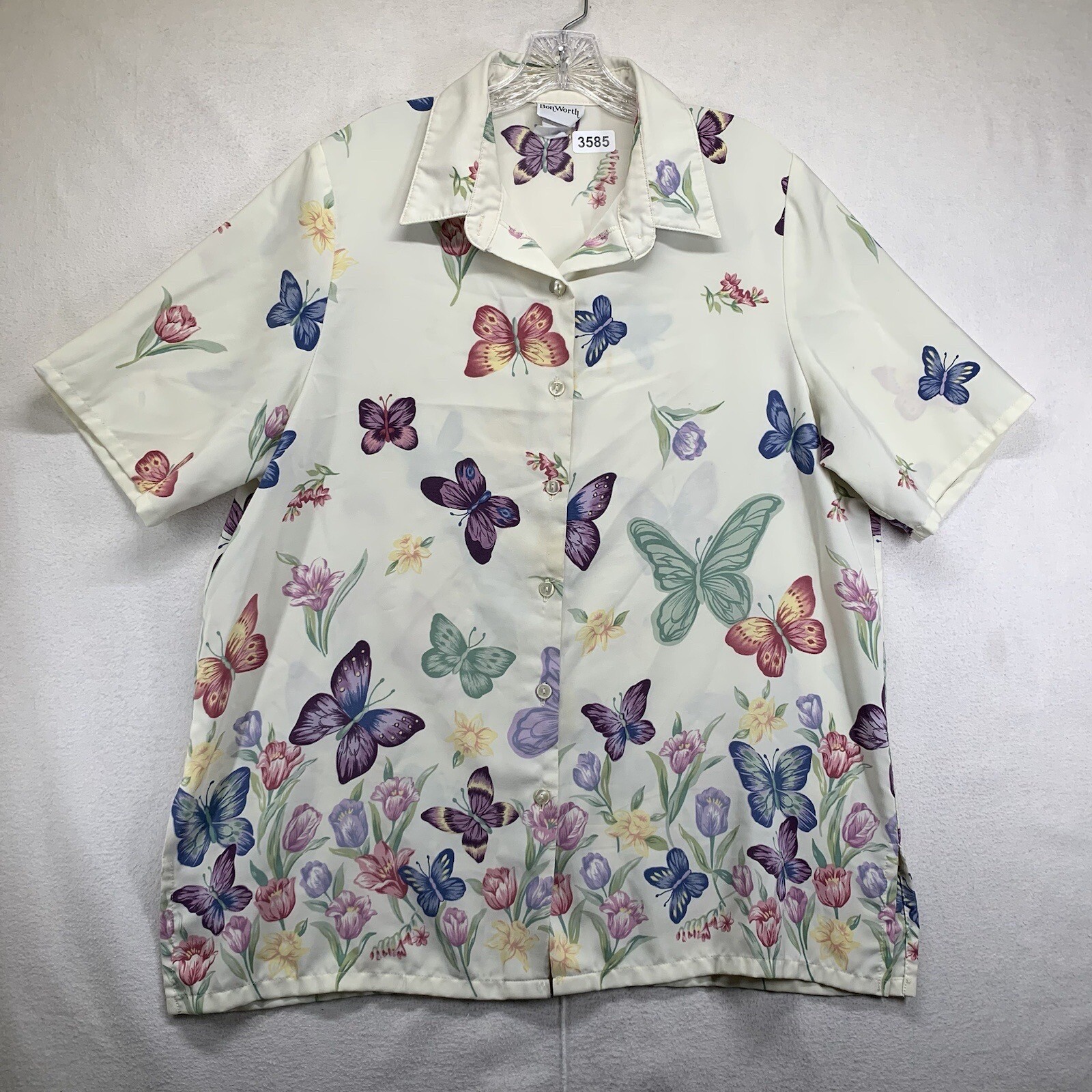 Vintage Butterfly All Over Print Women’s Button Up Shirt Polyester BonWorth XL