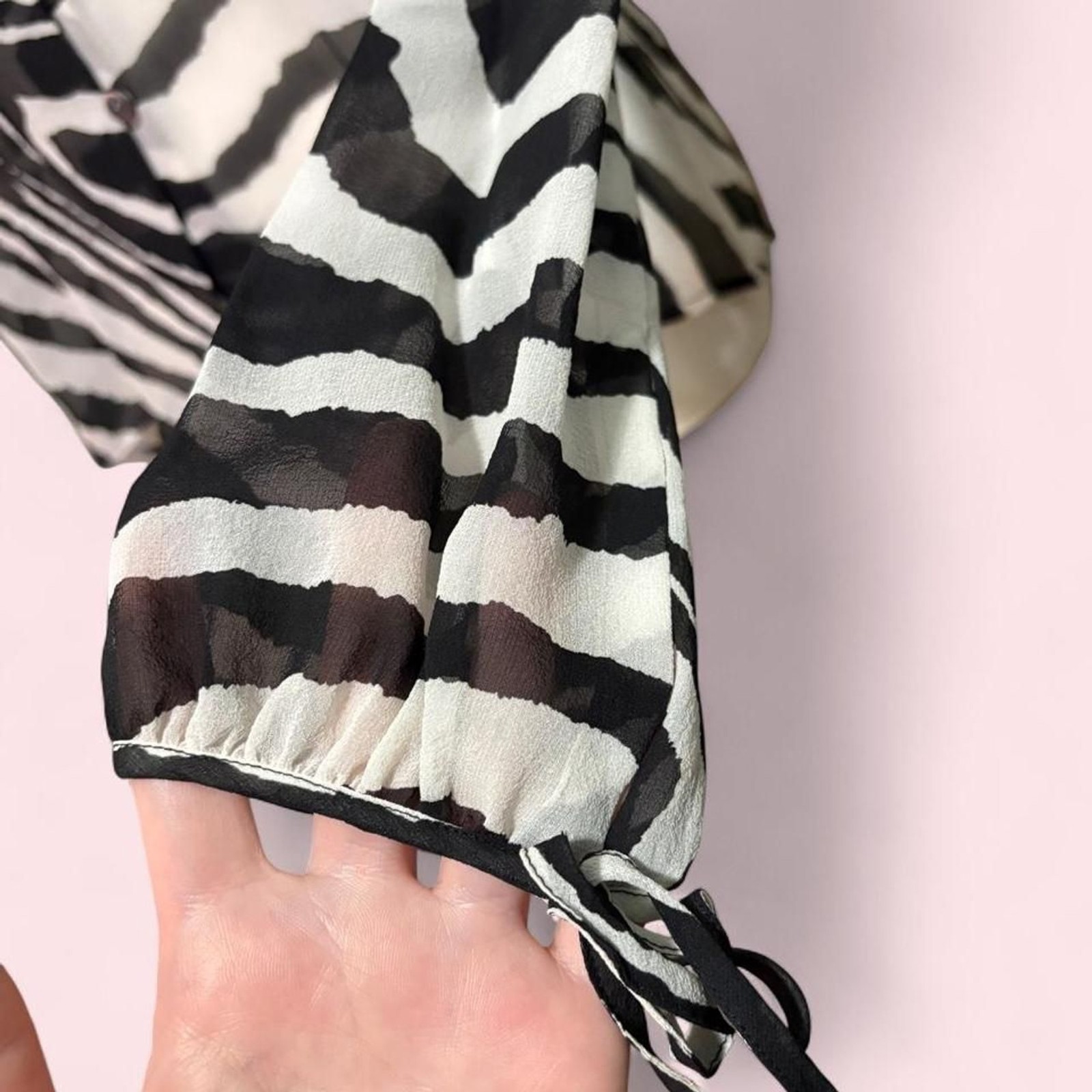 Y2K Express 100% Silk Zebra Print Blouse Sheer Button Front and Tie Sleeves