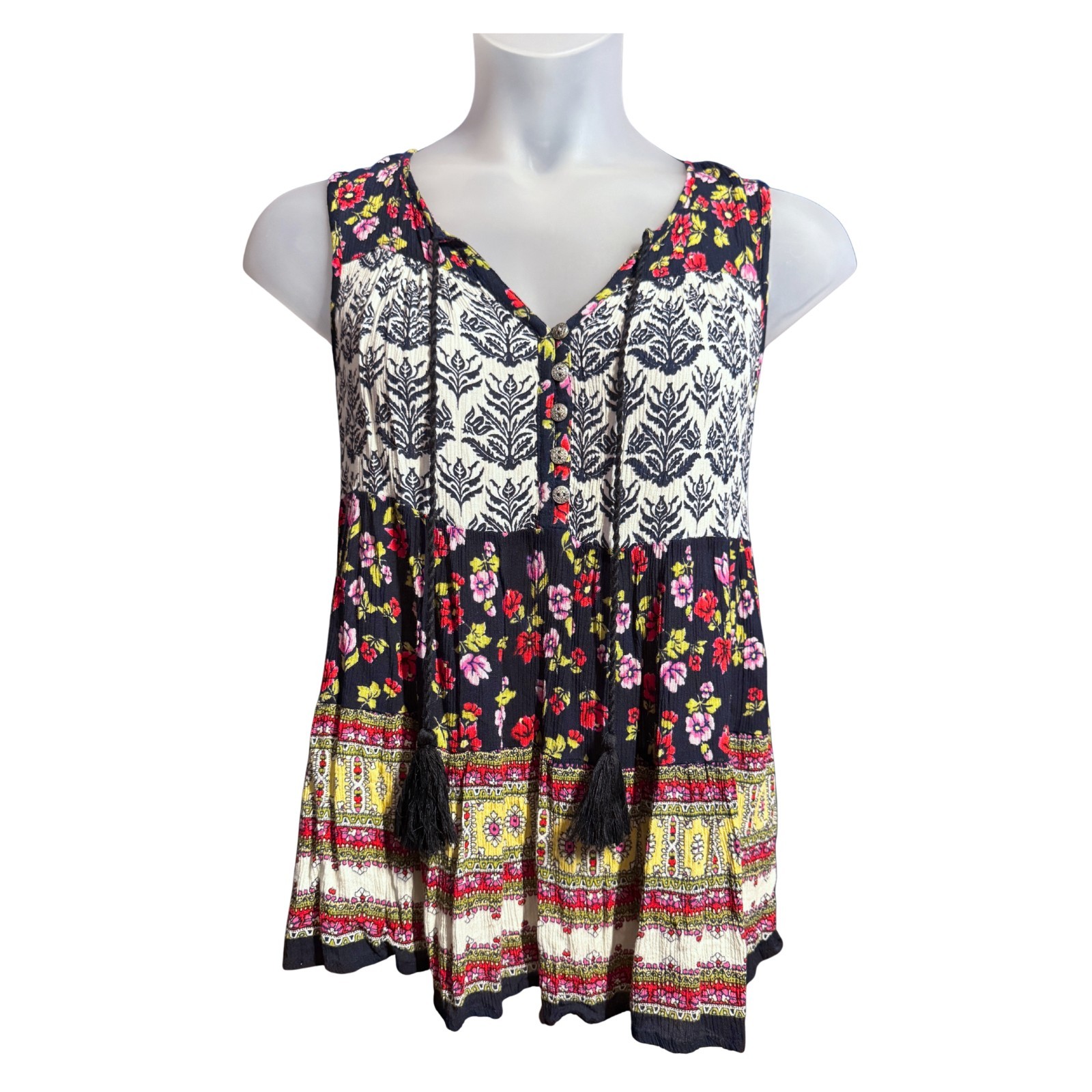Bila Womens M Sleeveless Top Tassels Rayon Flowy Swing Babydoll Hippy