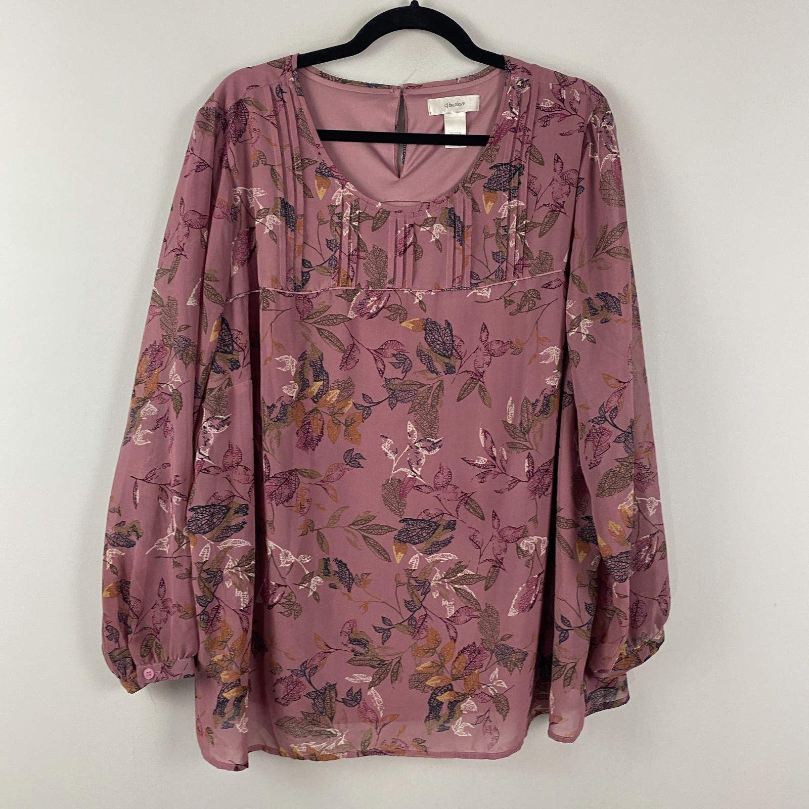 CJ Banks Floral Blouse Size 20/22W Pink Pintuck Popover Long Sleeve