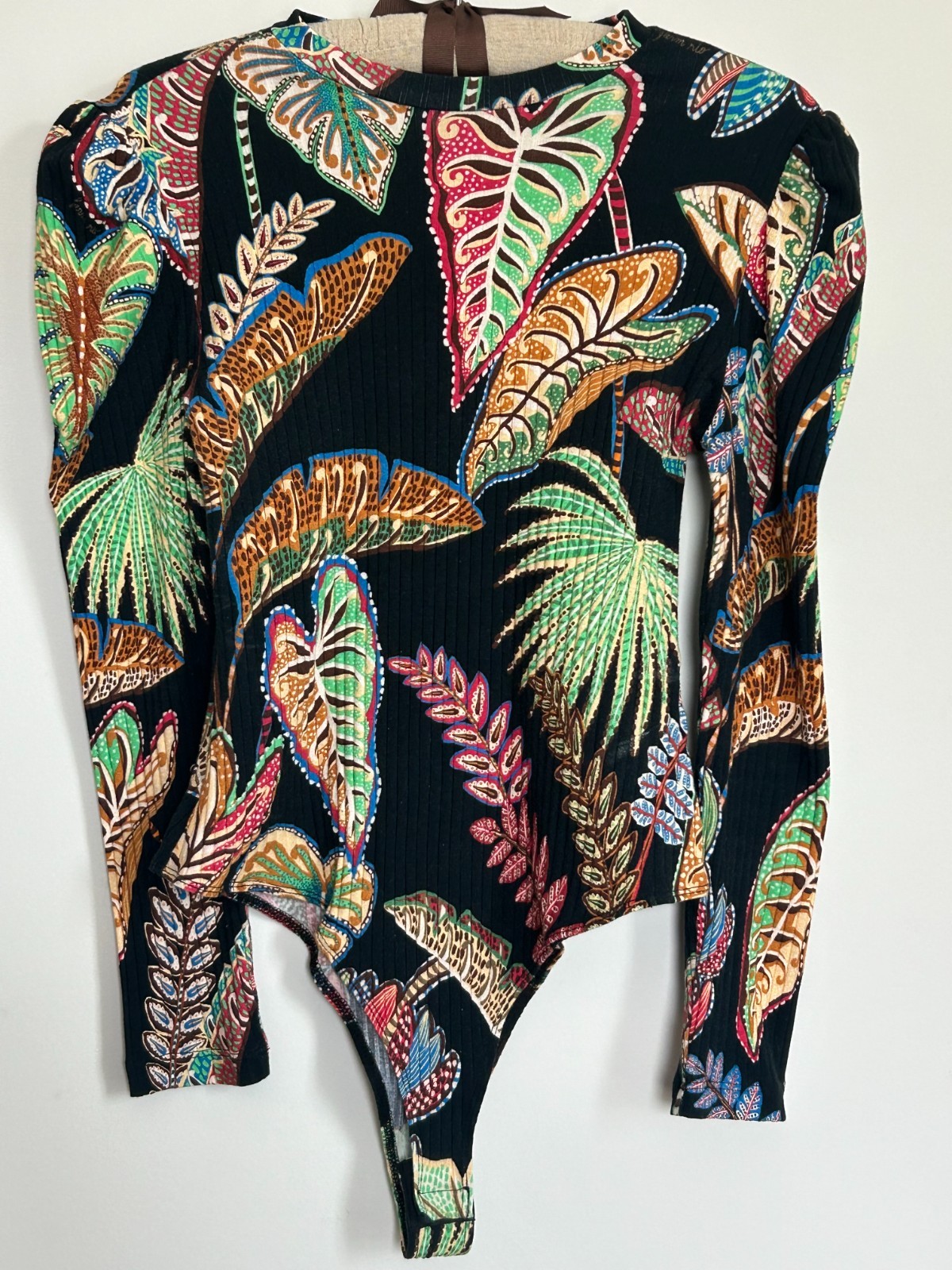 Farm Rio Cool Foliage Bodysuit M Vibrant Tropical Leaf Print Long Sleeve Top