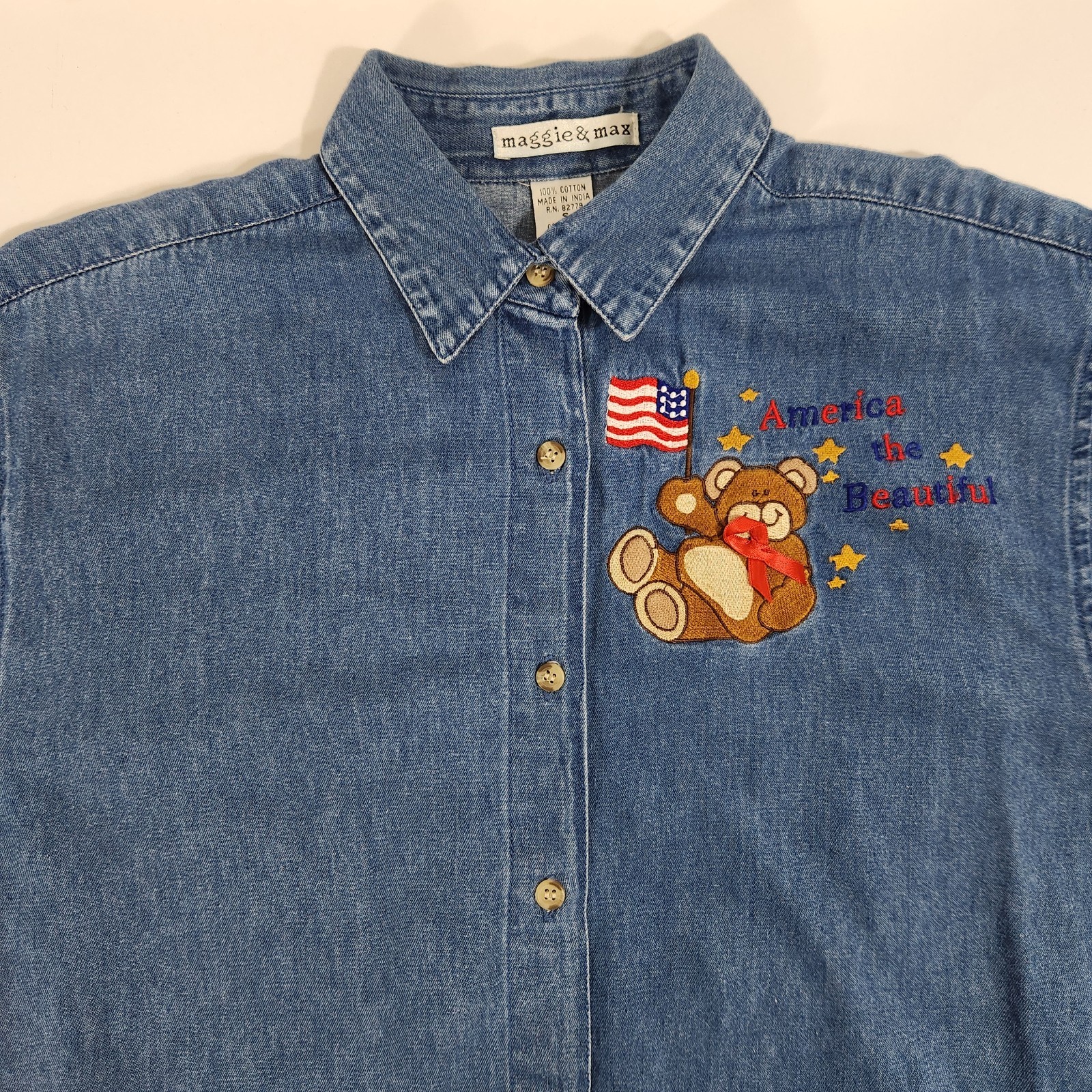 Vintage Maggie & Max Denim Shirt Sz Small Bear American Flag Patriotic 4th July