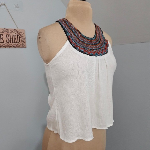 New Lace + Whiskey Beaded Halter Tank Top Ivory Medium Boho Festival Chic Gypsy