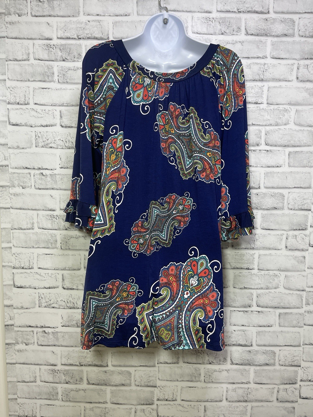 Voll Blue Paisley 3/4 Ruffle Sleeves Tunic XL
