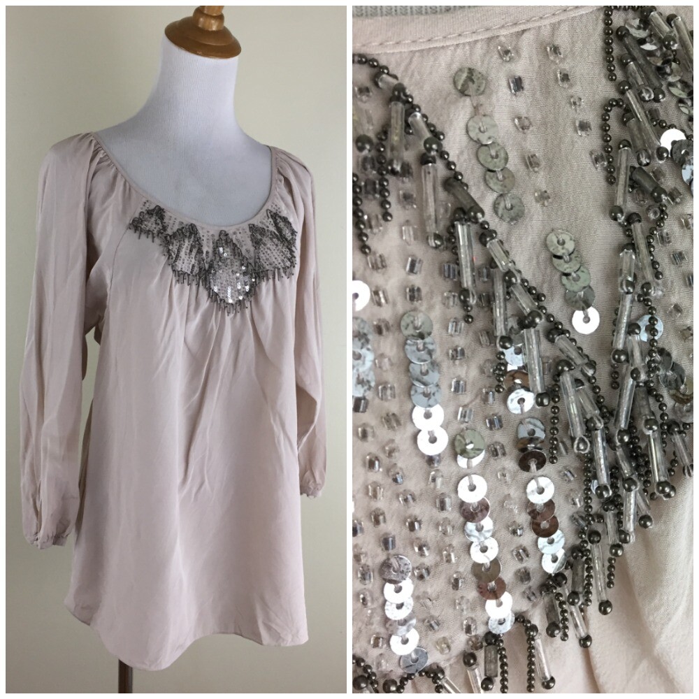 REBECCA TAYLOR Taupe/Peach 100% Silk Embellished Beads Sequin Shirt Womens sz 4